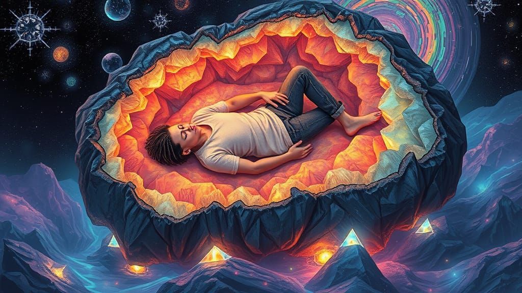 Dreamer in Geode: Surreal, Detailed Illustration