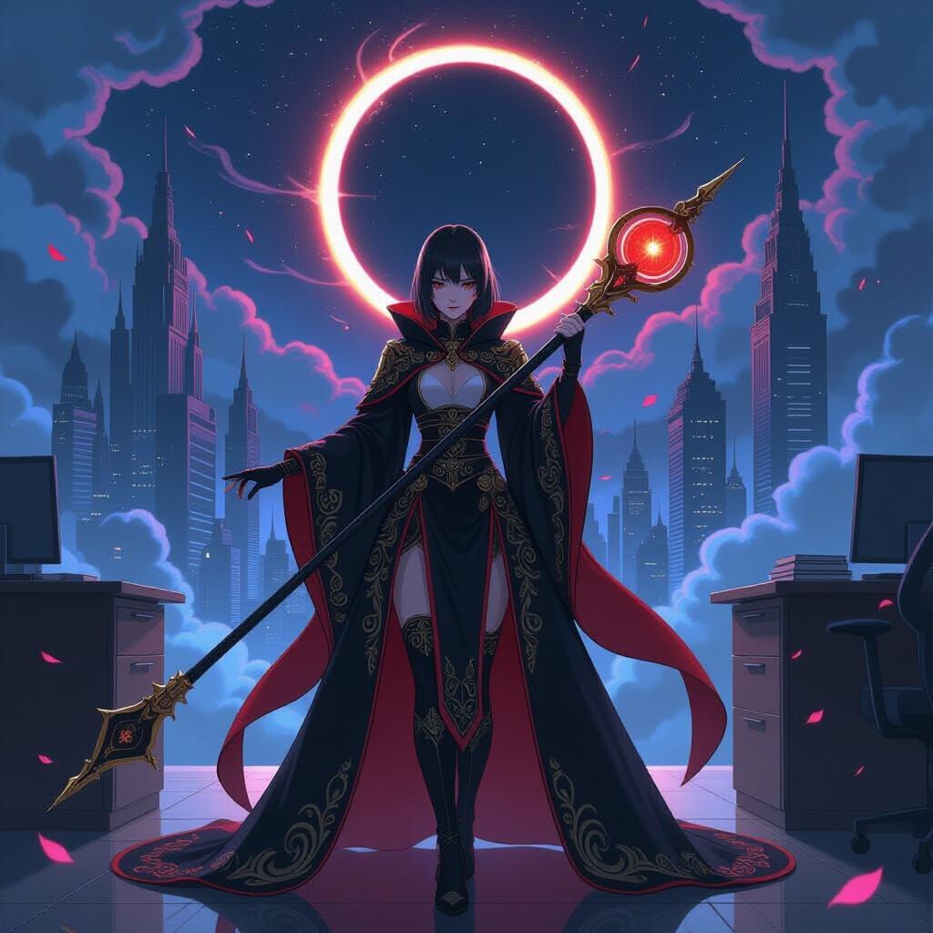 Anime Woman in Crimson Cloak with Gold Staff