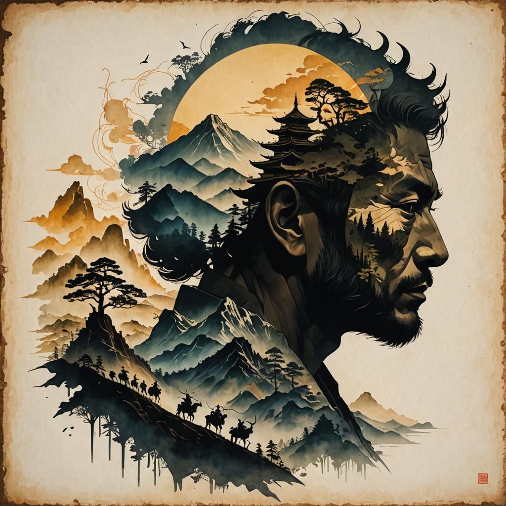 Daimyo Silhouette Double Exposure Mountain Panorama