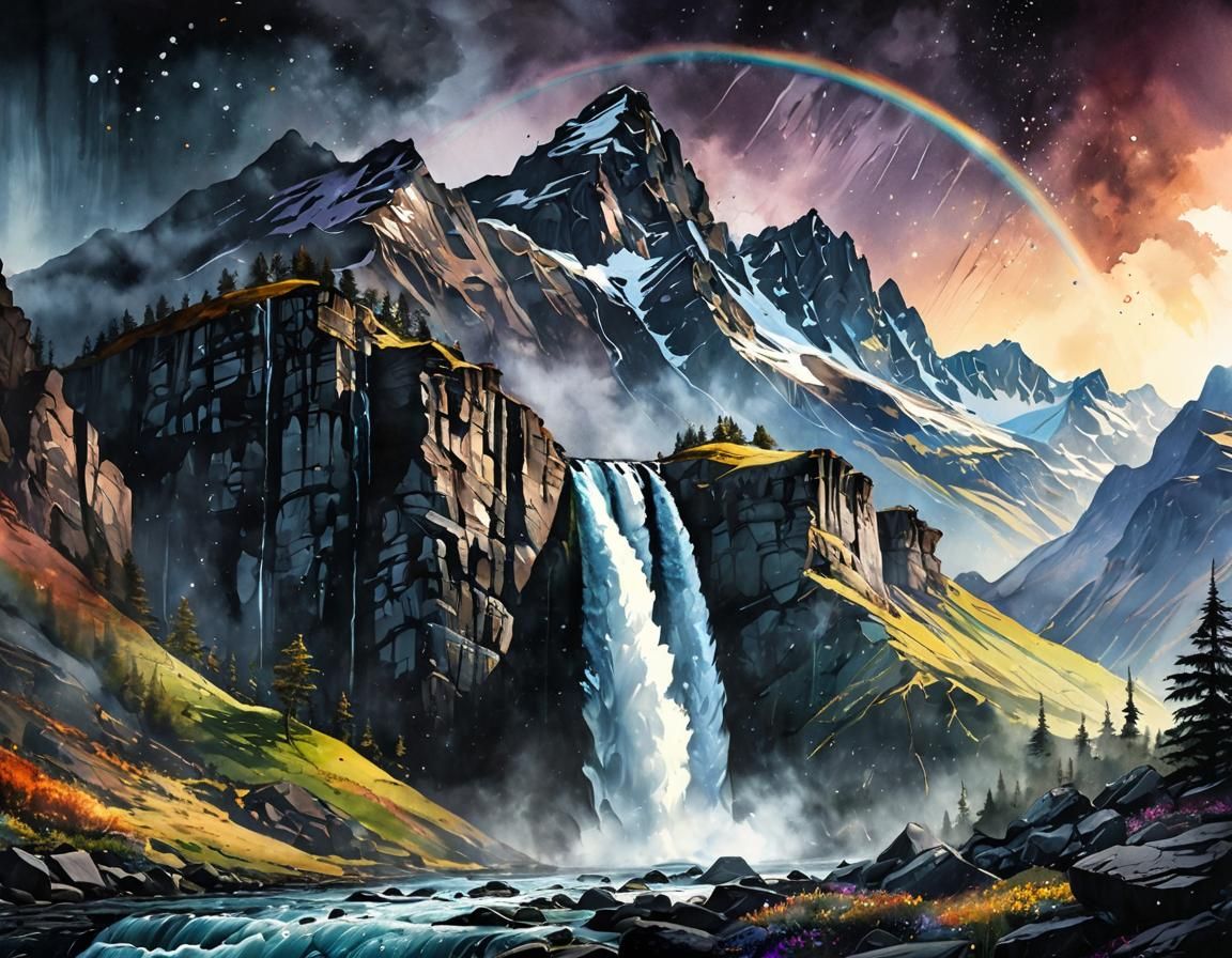 Shimmering Waterfall in Moody Watercolour Sky