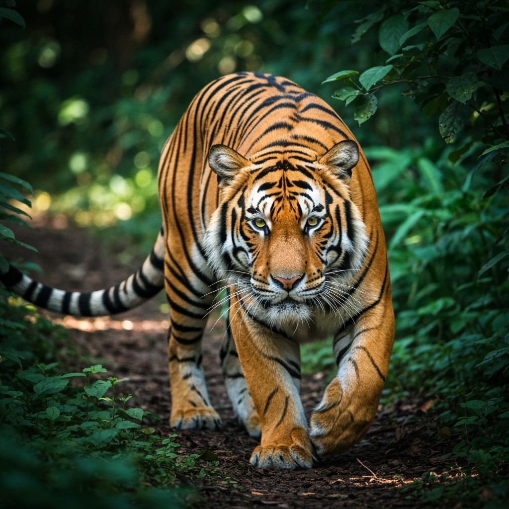 Tiger Prowling Jungle in Dappled Sunlight