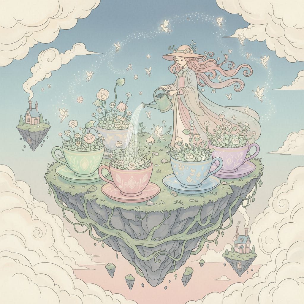 Whimsical Floating Gardens and Glowing Teacups