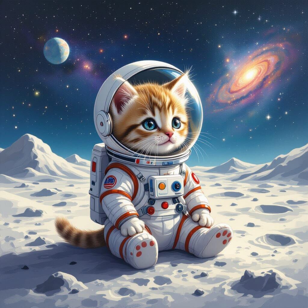 Kitten in Spacesuit on Moon with Galaxy Sky