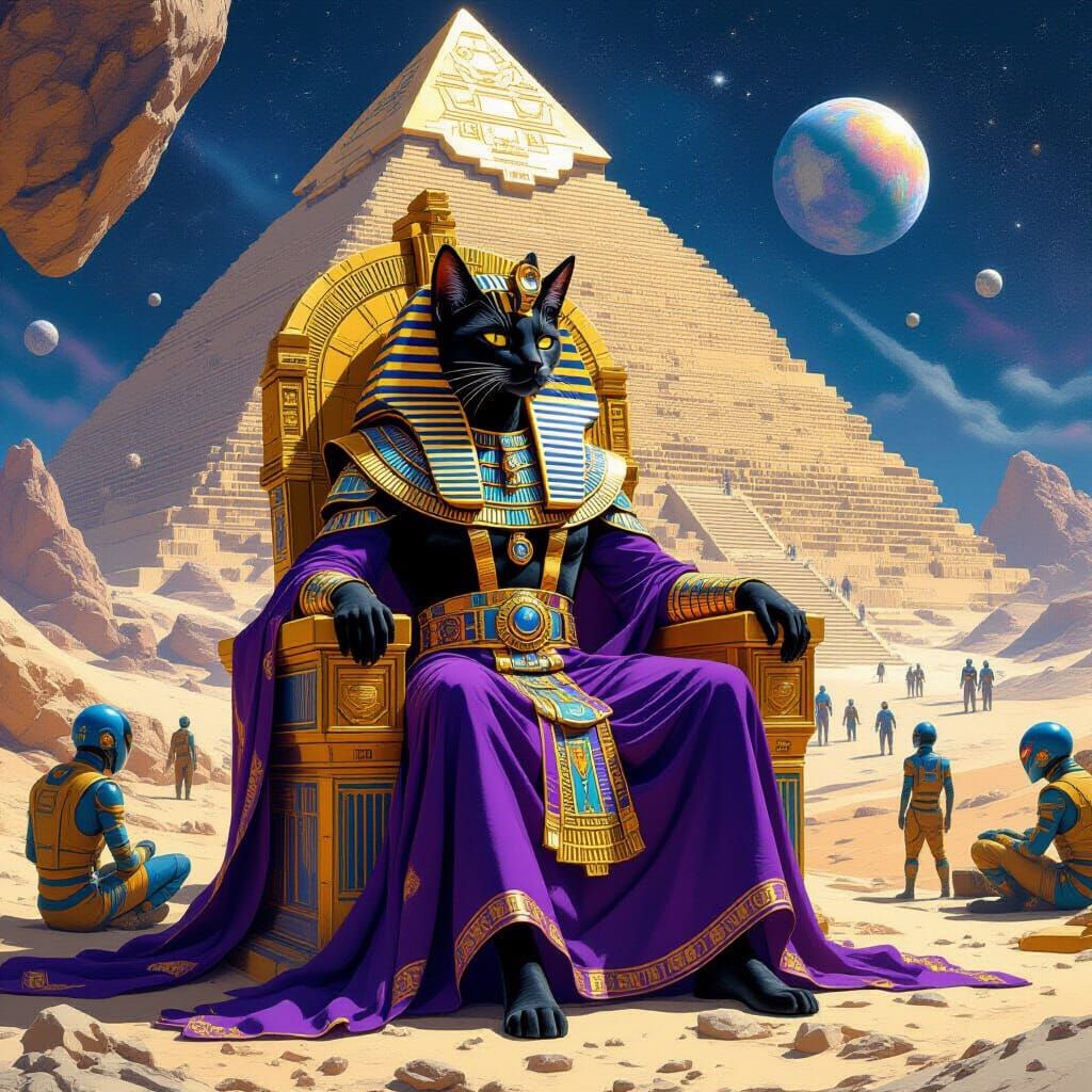 Cosmic Cat Pharaoh Oversees Pyramid Construction