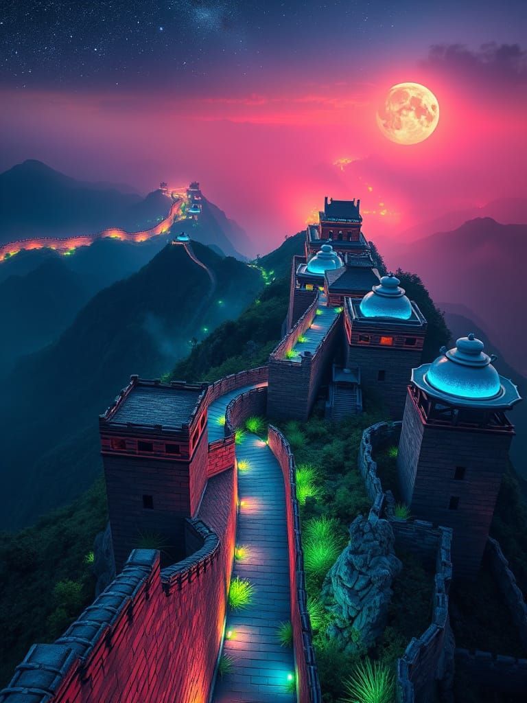 Great Wall of China as Iridescent Blue Pottery