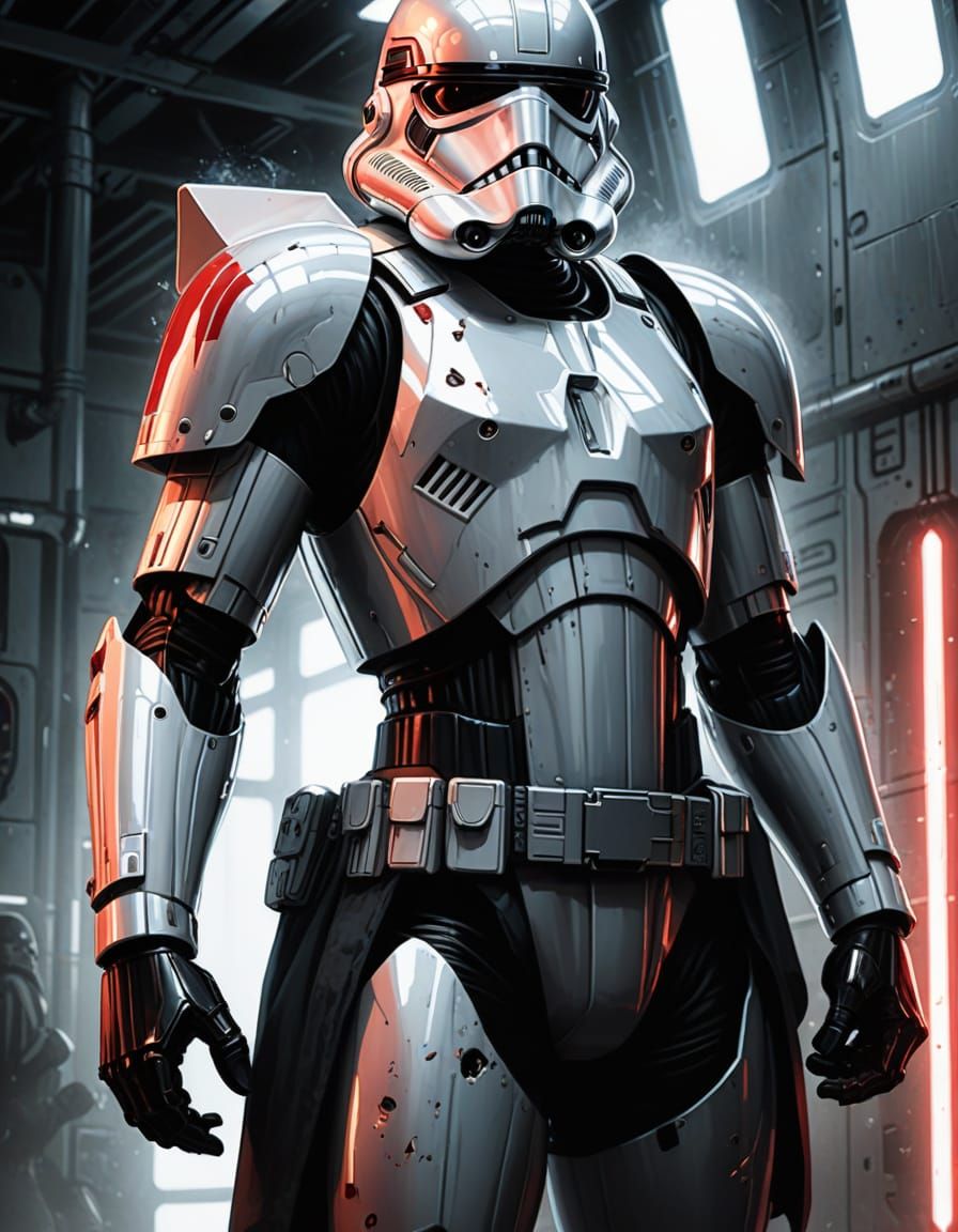 Dynamic Comic Book Stormtrooper in Metallic Hallway