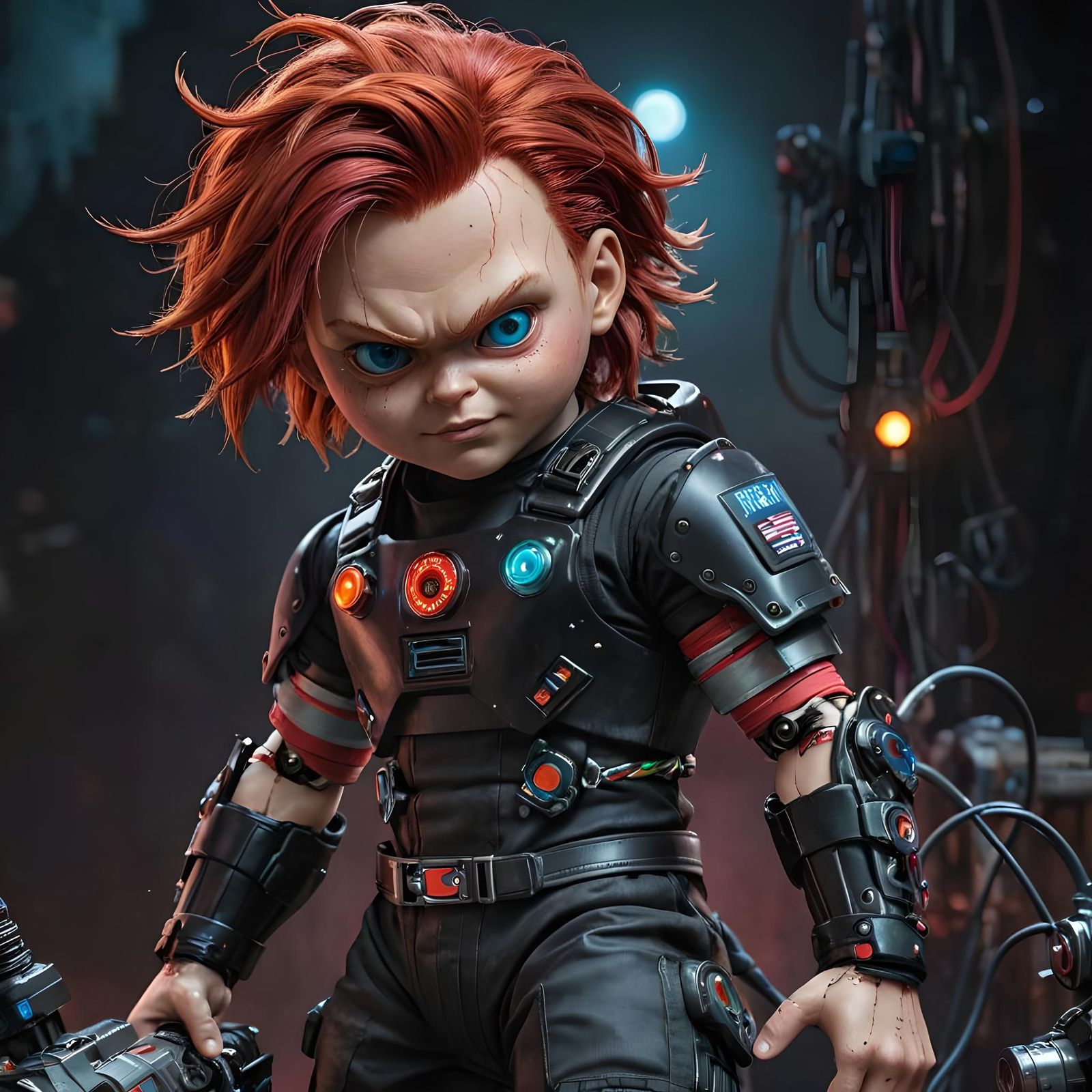 Cyberpunk Chucky Android in Ultra-Realistic CGI Style