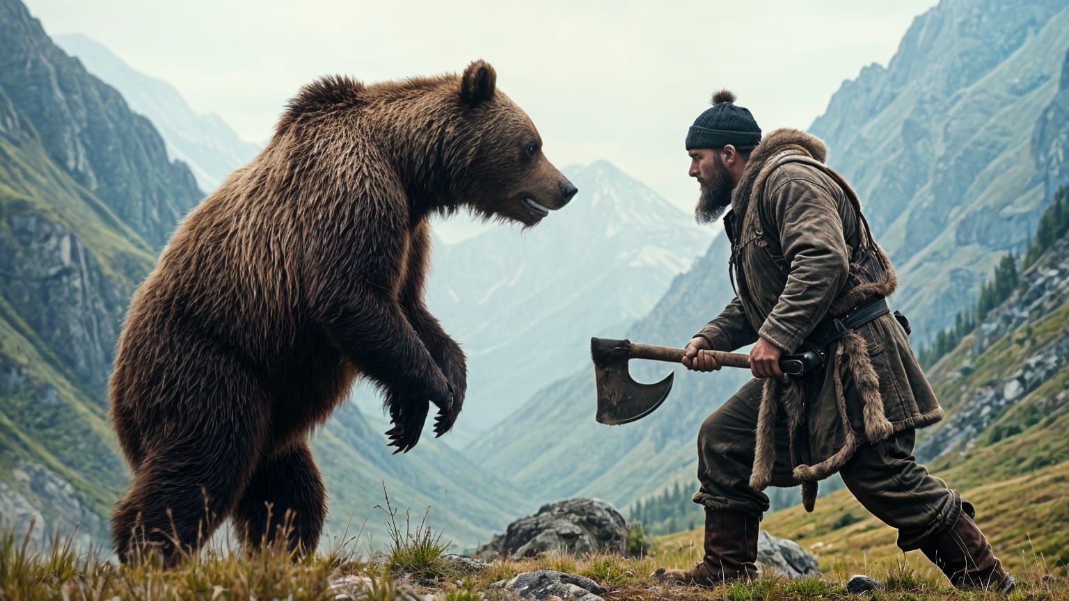 Grizzly Bear and Mountain Man Standoff