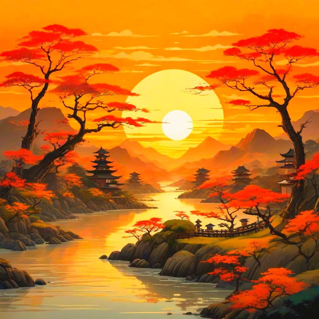 Golden Hour Japanese Landscape with Abstract Motifs