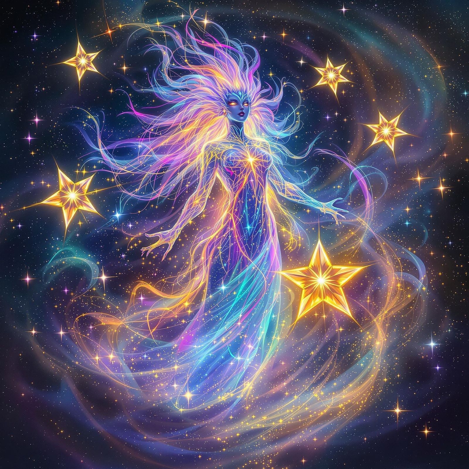 Cosmic Genie Surrounded by Swirling Galaxy in 3D Style