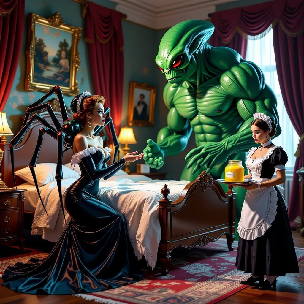 Spider-Woman Invites Alien into Victorian Room