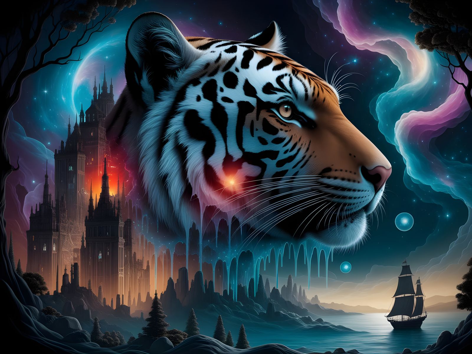 Galactic Tiger Guardian in Steampunk Cityscape