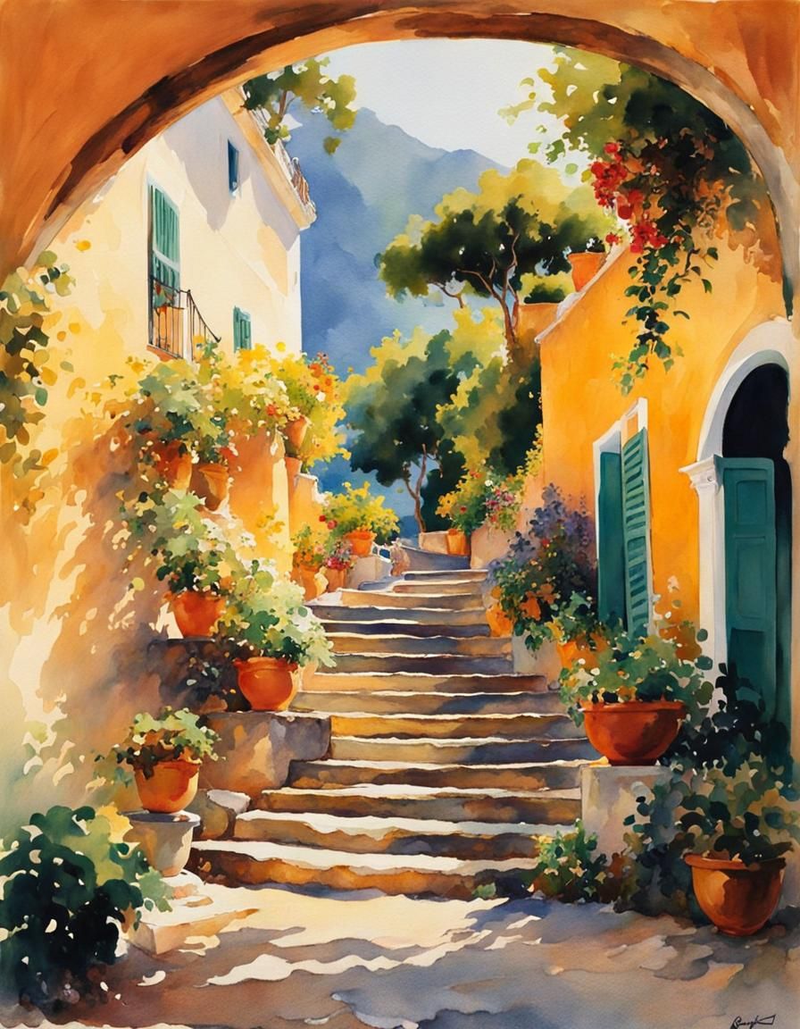 Elegant Staircase in Capri as Watercolor Painting