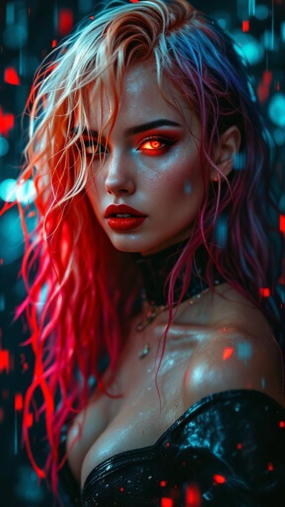 Tri-Tone Haired Woman in Cyberpunk Baroque Setting