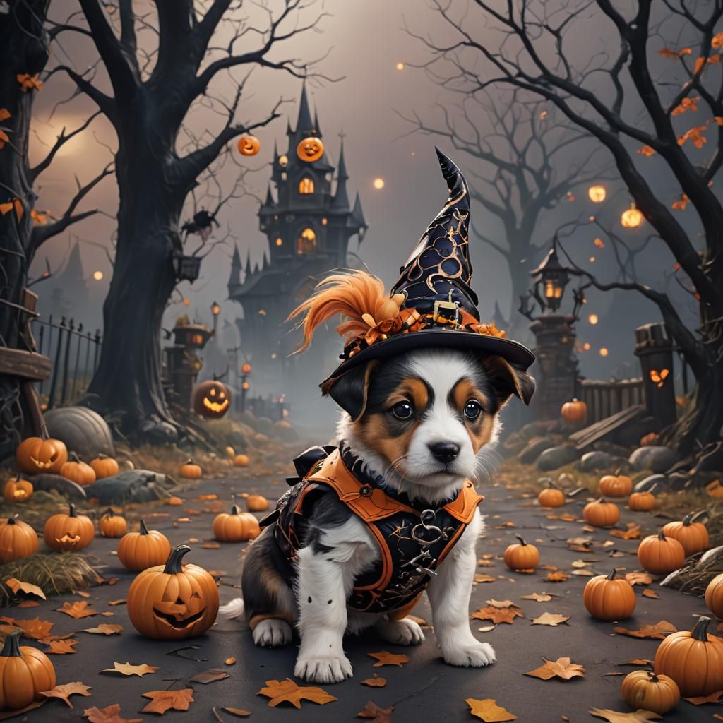Puppy in Halloween Costume: Detailed Fantasy Art