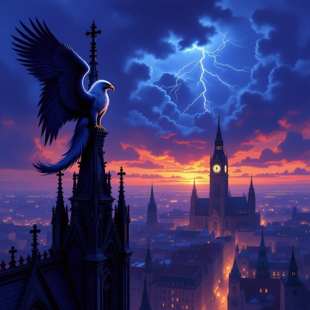 Majestic Griffin Over Gothic City in Dark Fantasy Style