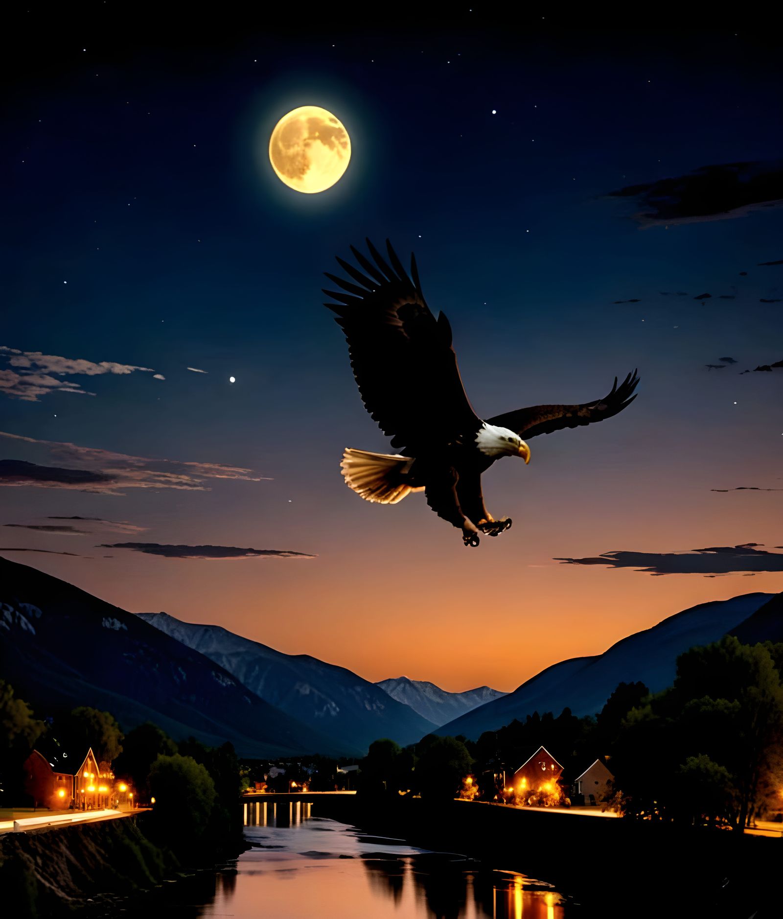 The eagle dives over the river valley