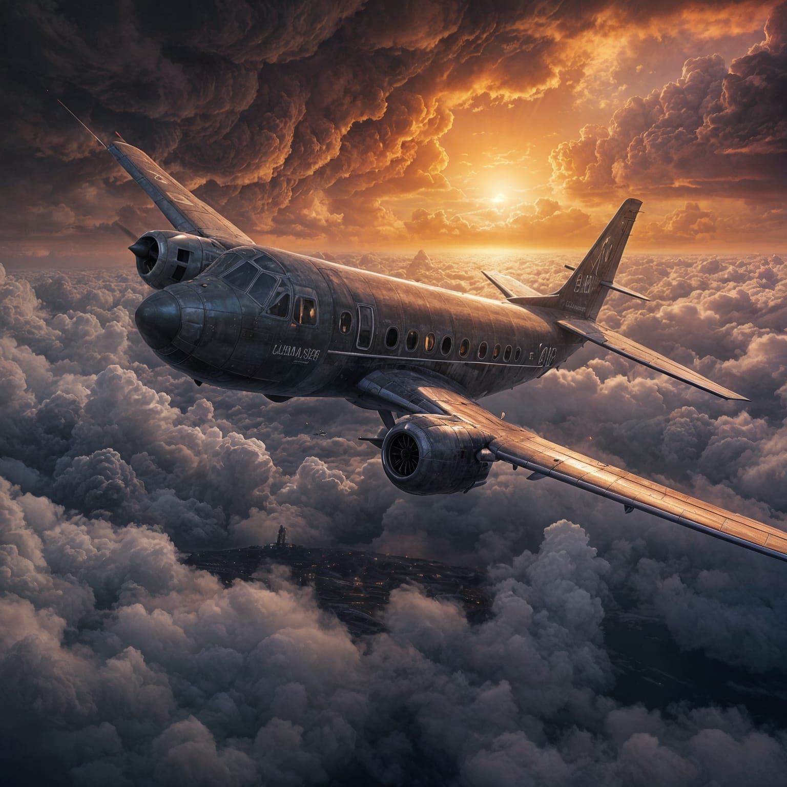 Plane Struggles Through Stormy Seas in Digital Painting