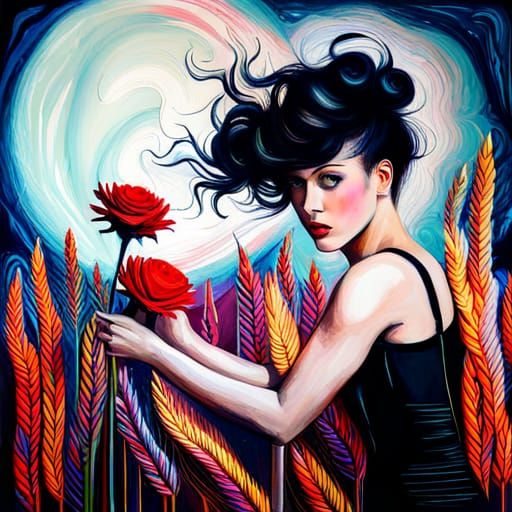 Floral Fantasy with Black Rose: Mixed Media Art