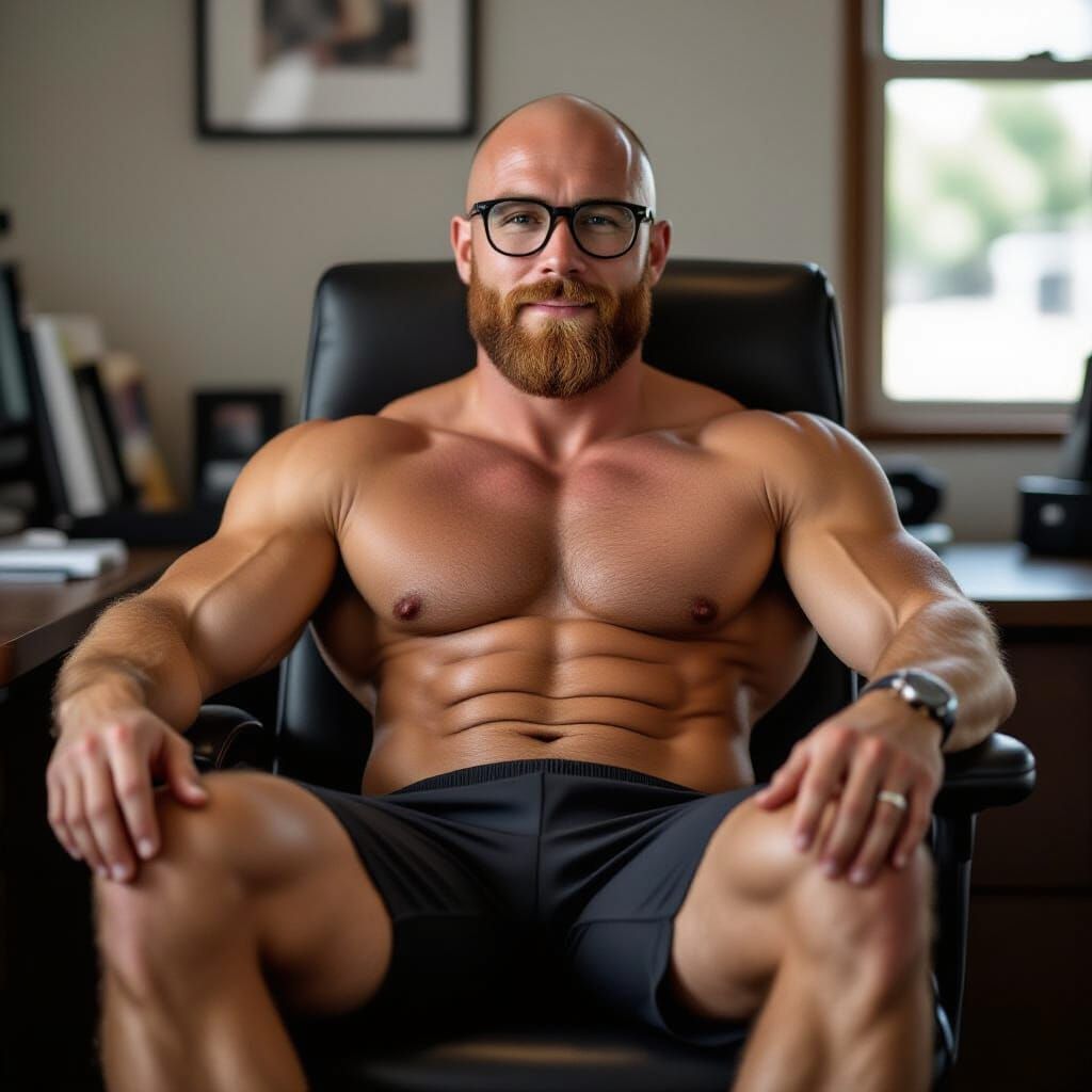 Handsome Trainer Relaxing Shirtless in Office