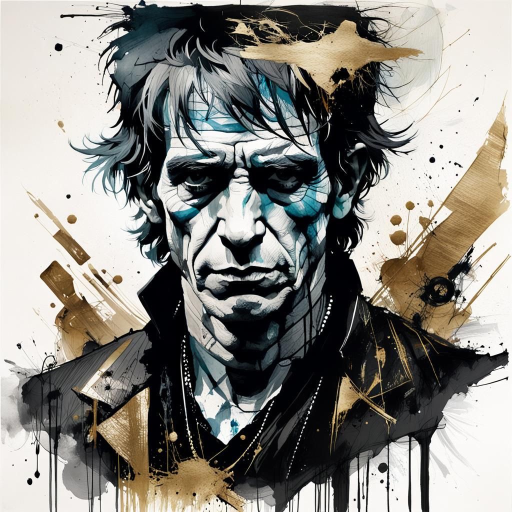 Keith Richards Portrait in Washed Ink Style