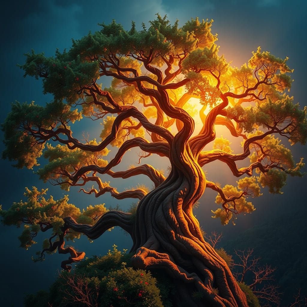 Golden Light Illuminates Ancient Tree Amidst Nutmeg Spice Mi...