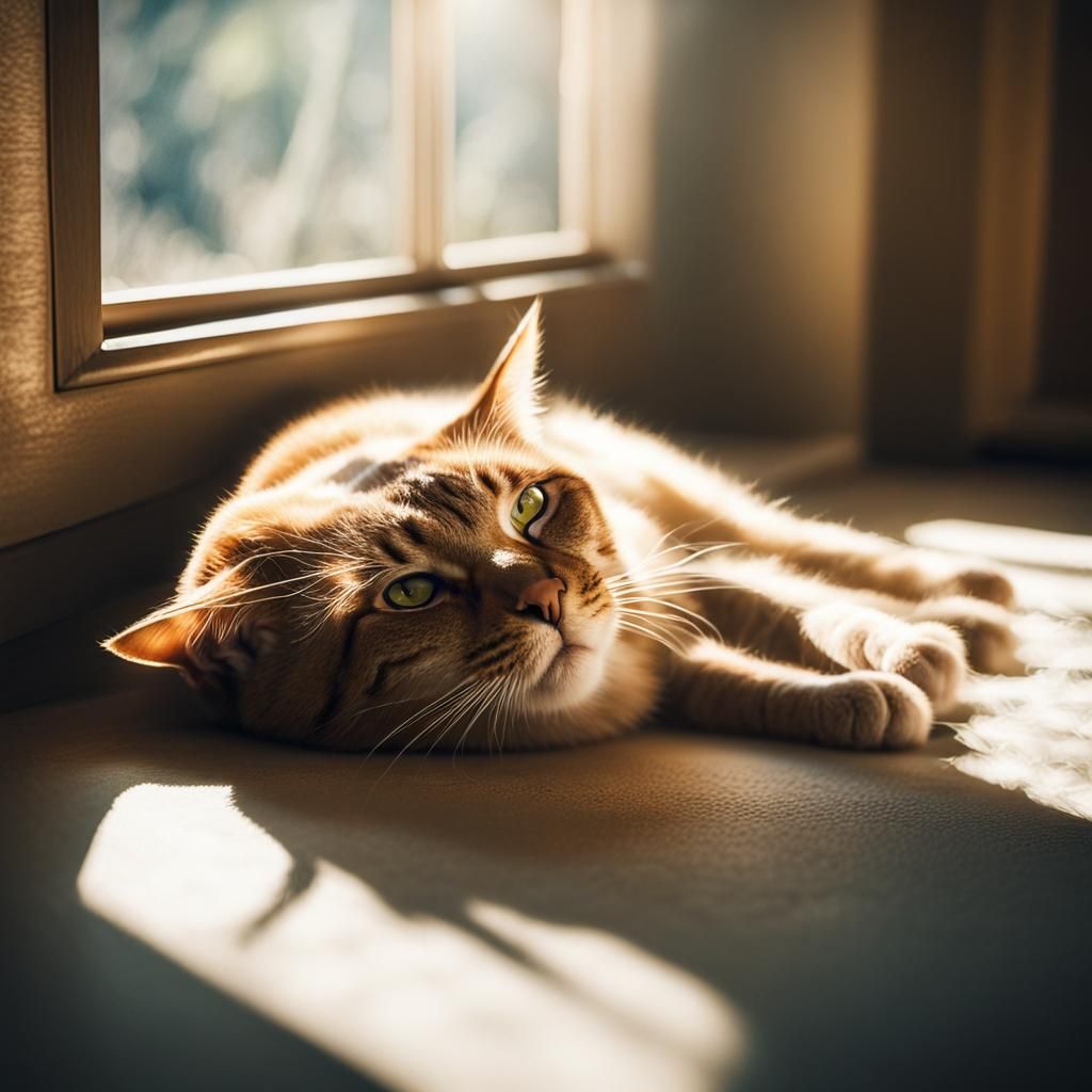 Cat laying on nook in the brilliant sunlight. Dust reflected...
