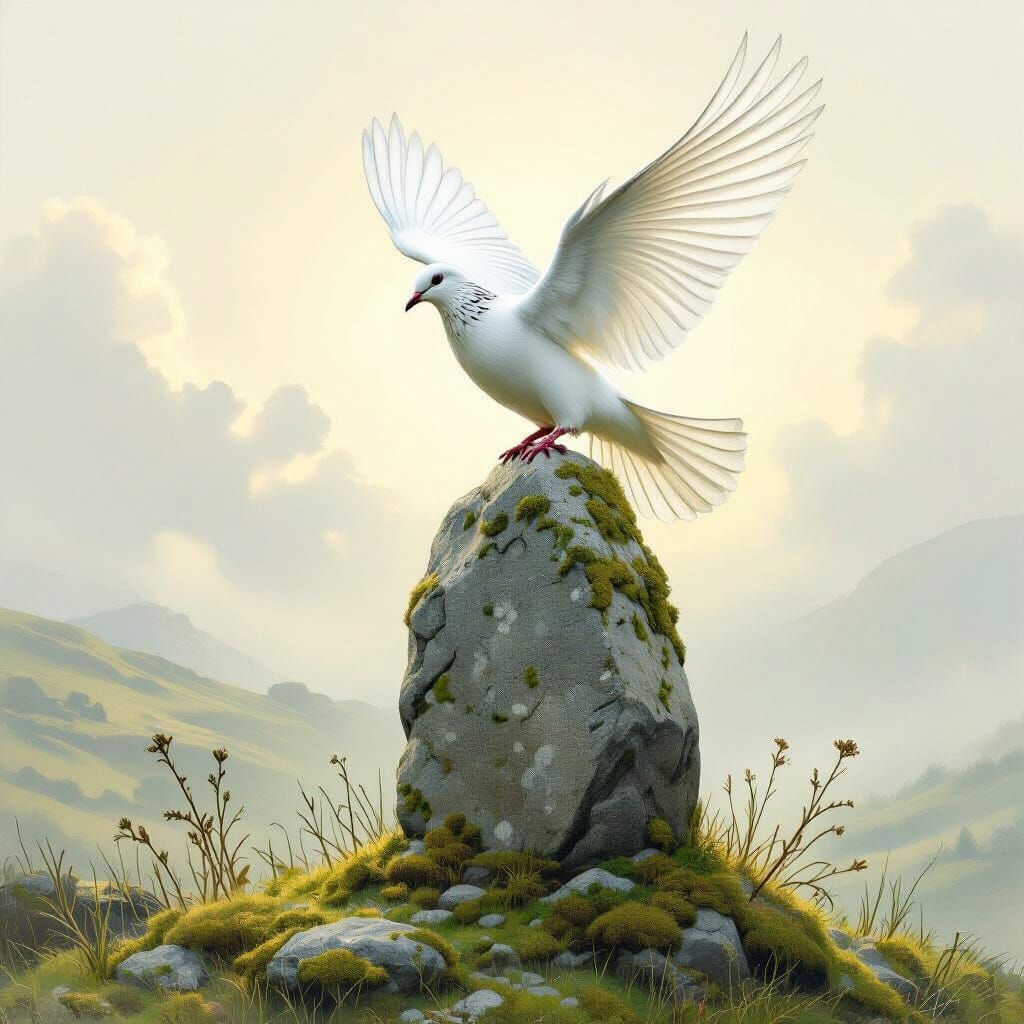 Dove Taking Flight from Celtic Standing Stone