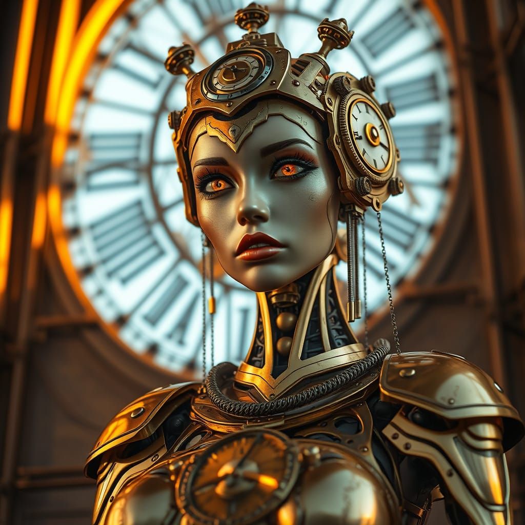 Brass Automaton in Clock Tower, Hyperrealistic Digital Art