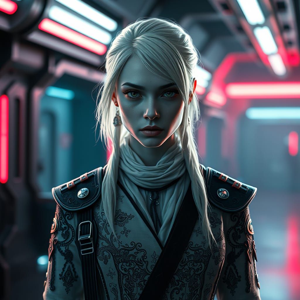 Cyberpunk Albino Soldier in Futuristic Interior