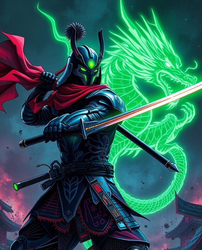 Cyber Samurai with Ethereal Dragon Spirit in Iridescent Colo...