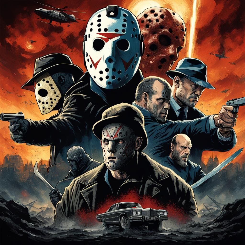 Horror Icons Clash: Movie Poster in Engraving Style