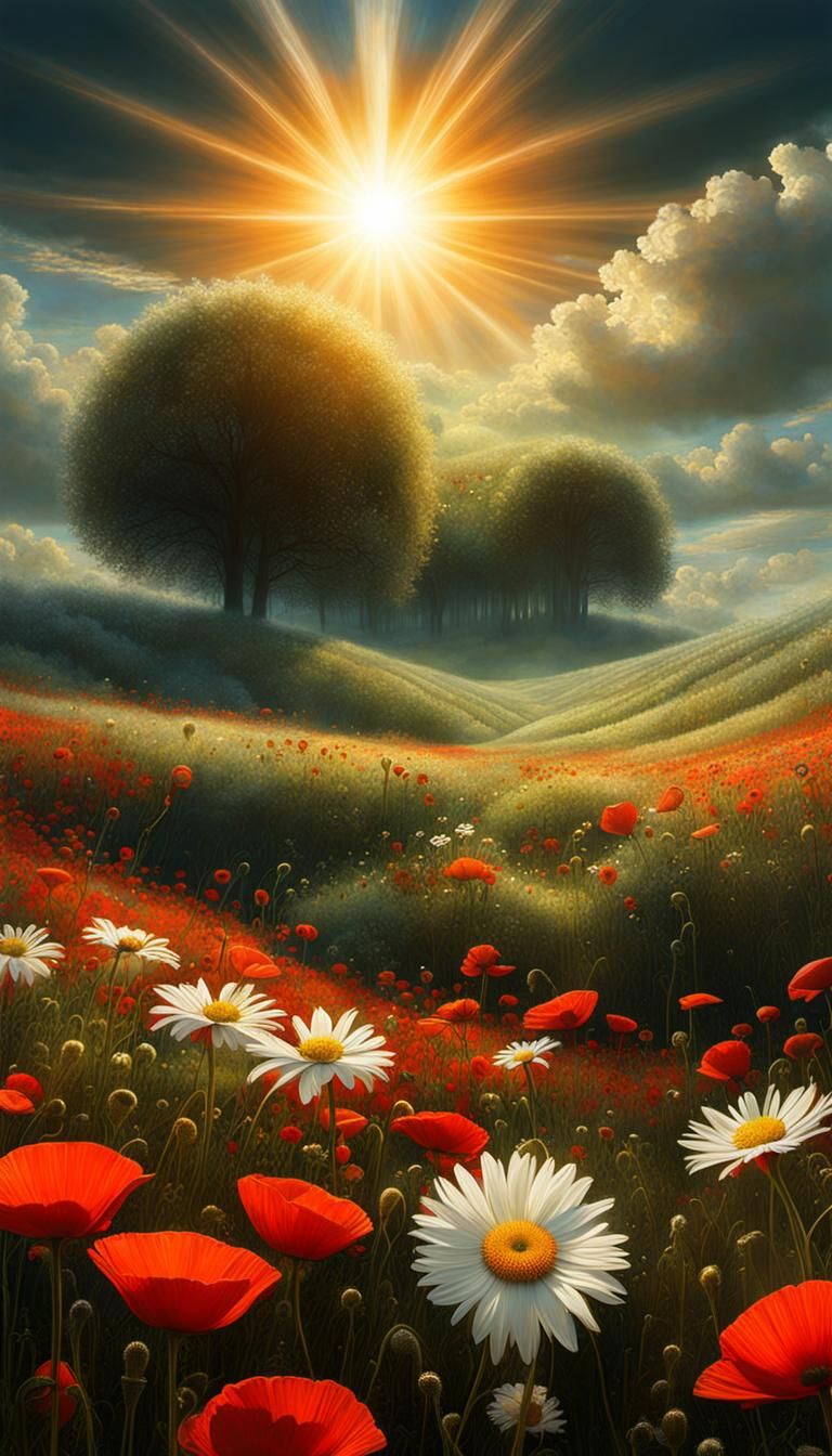 Sunlit Meadow with Daisies and Poppies
