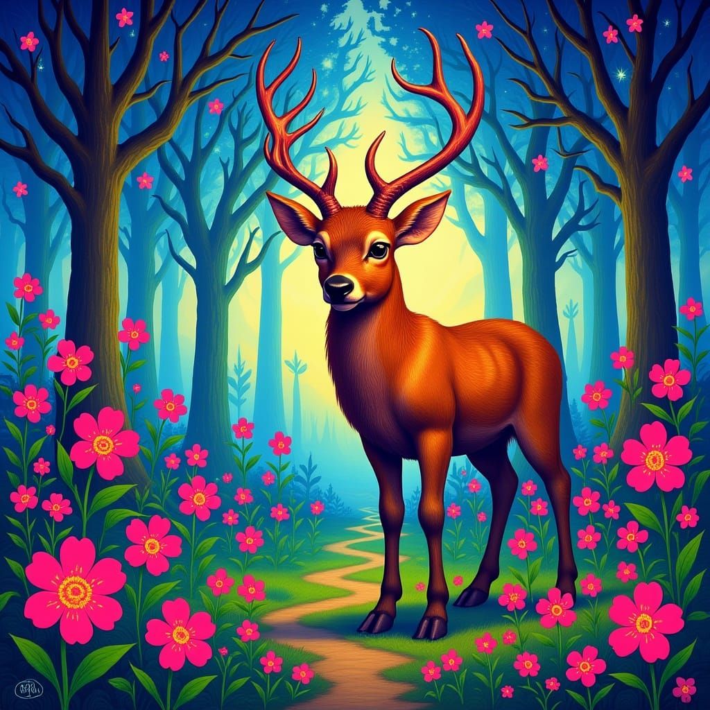 Deer in Whimsical Forest with Floral Patterns