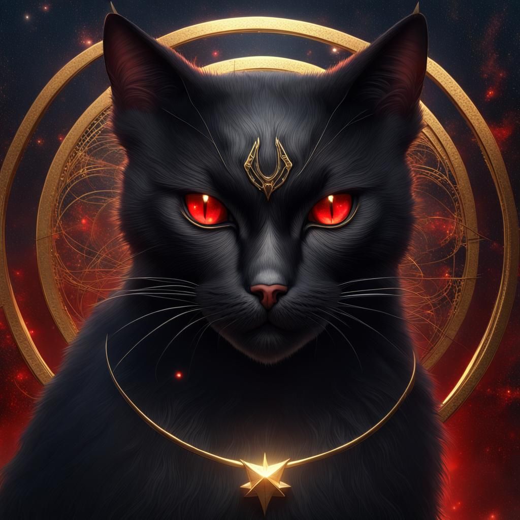 Black Cat with Red Eyes and Gold Crescent