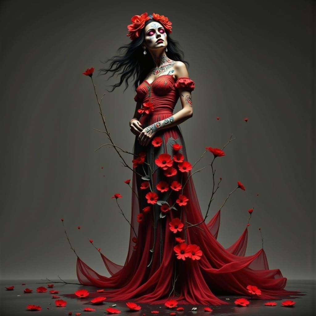 Día de los Muertos Woman with Vibrant Face Paint and Roses