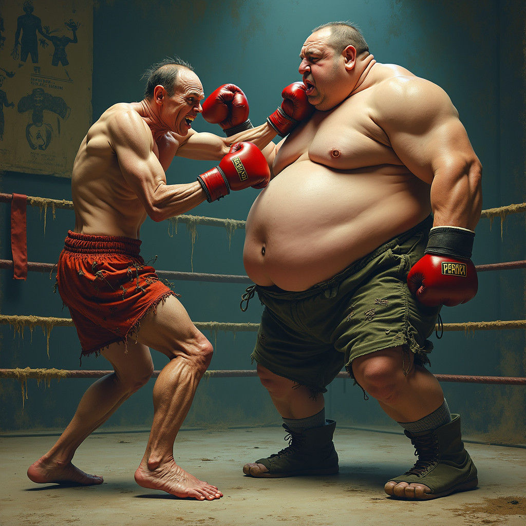 Dramatic Boxing Match: Skinny vs. Obese in Gritty Gym