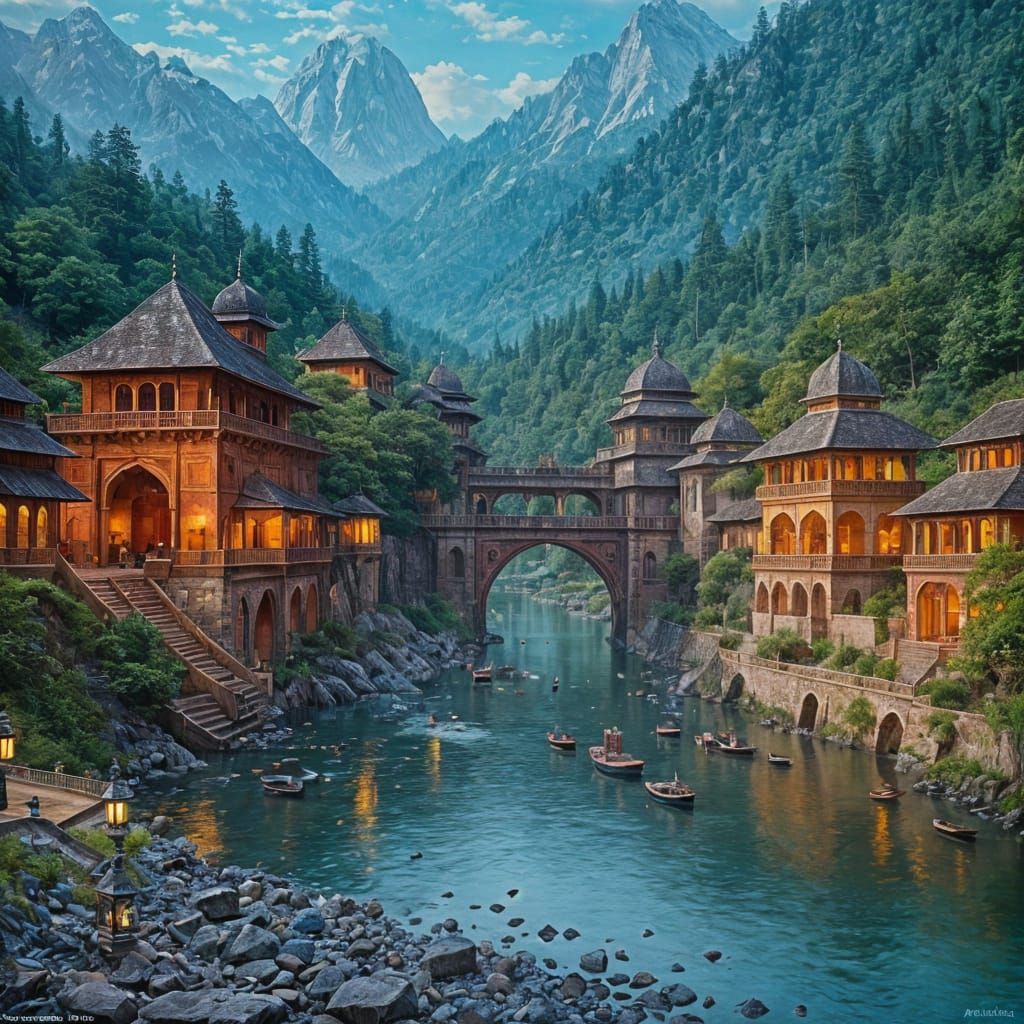 Enchanted Mughal Village Landscape in Ink and Watercolor