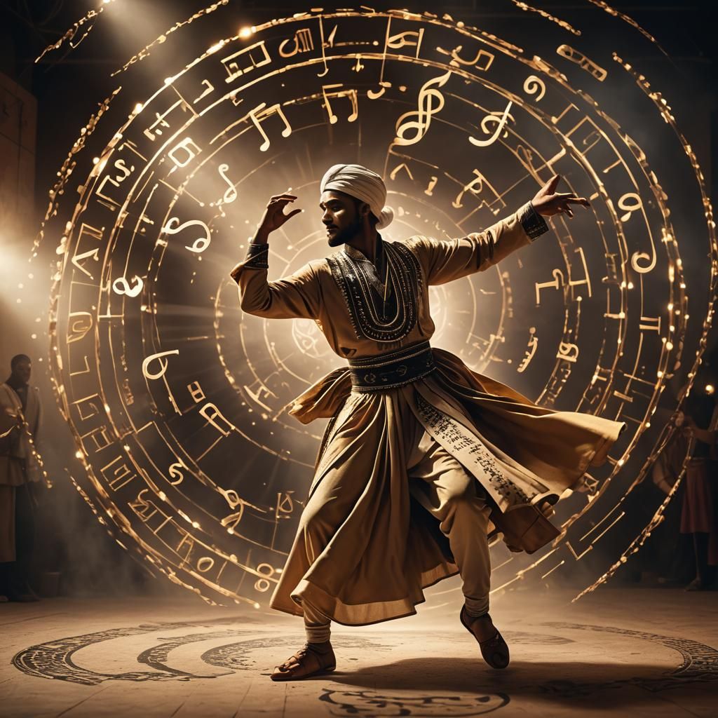 Mawlawi Dancer in Golden Light with Musical Notes