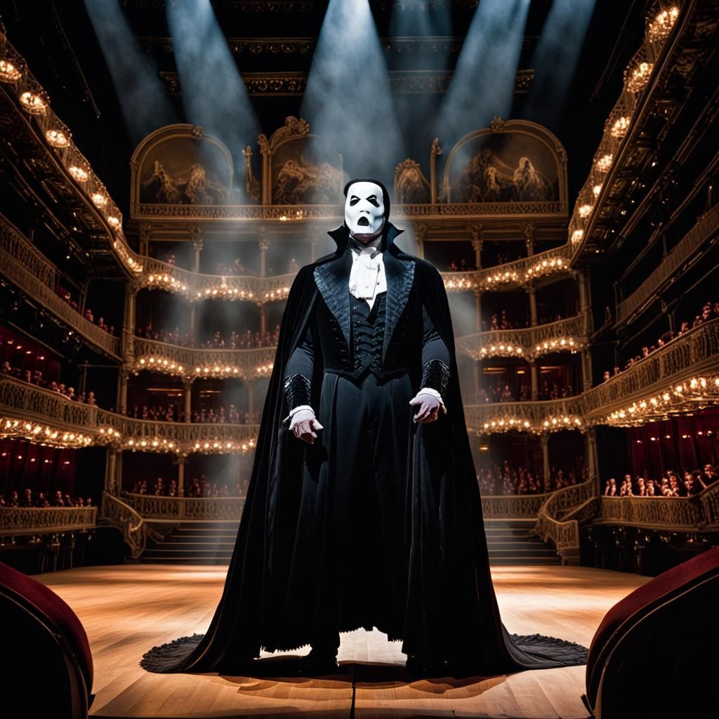 "Phantom of the Opera" featuring the iconic Phantom character in a grand opera house