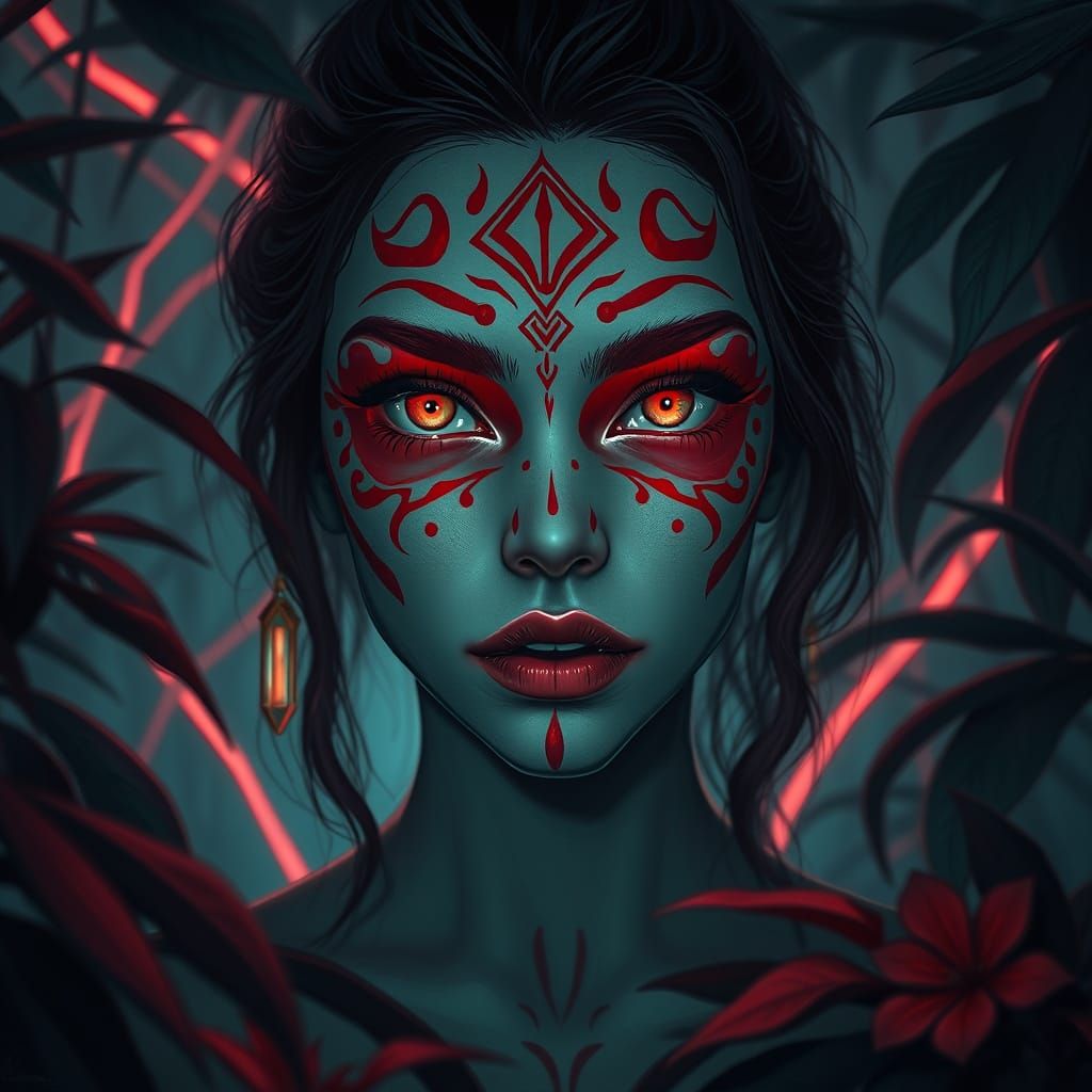 Otherworldly Woman with Piercing Gaze in Neon Style