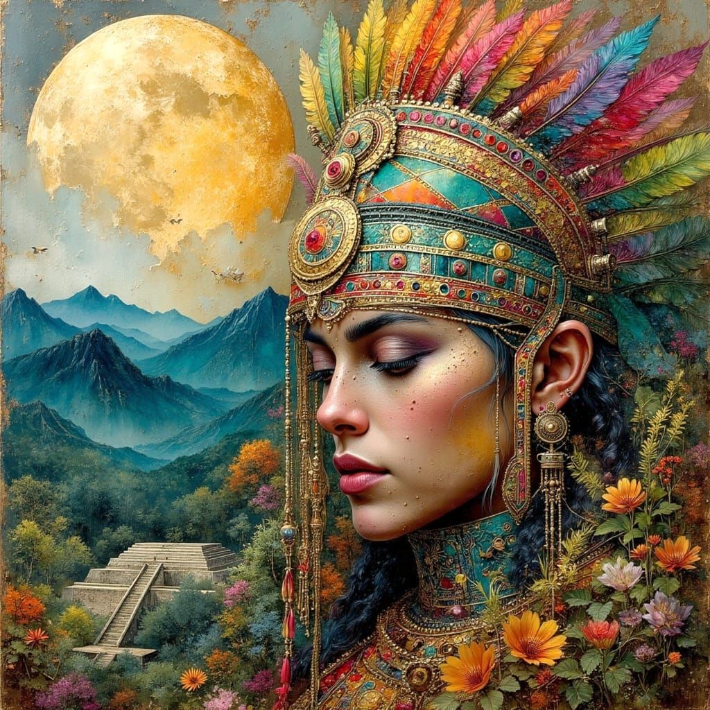 Surreal Mayan Warrior Oil Painting