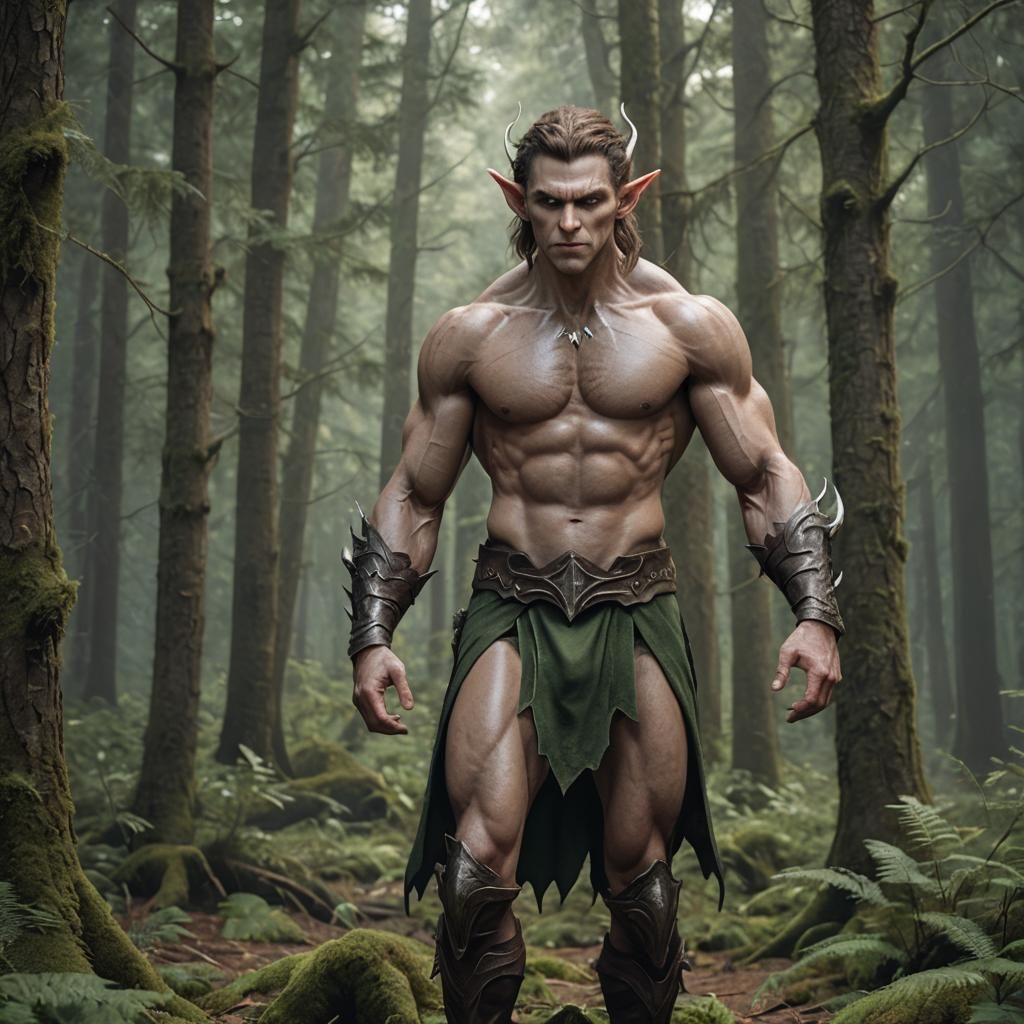 Surreal Hyperrealistic Elf with Beastly Form in Forest Lands...