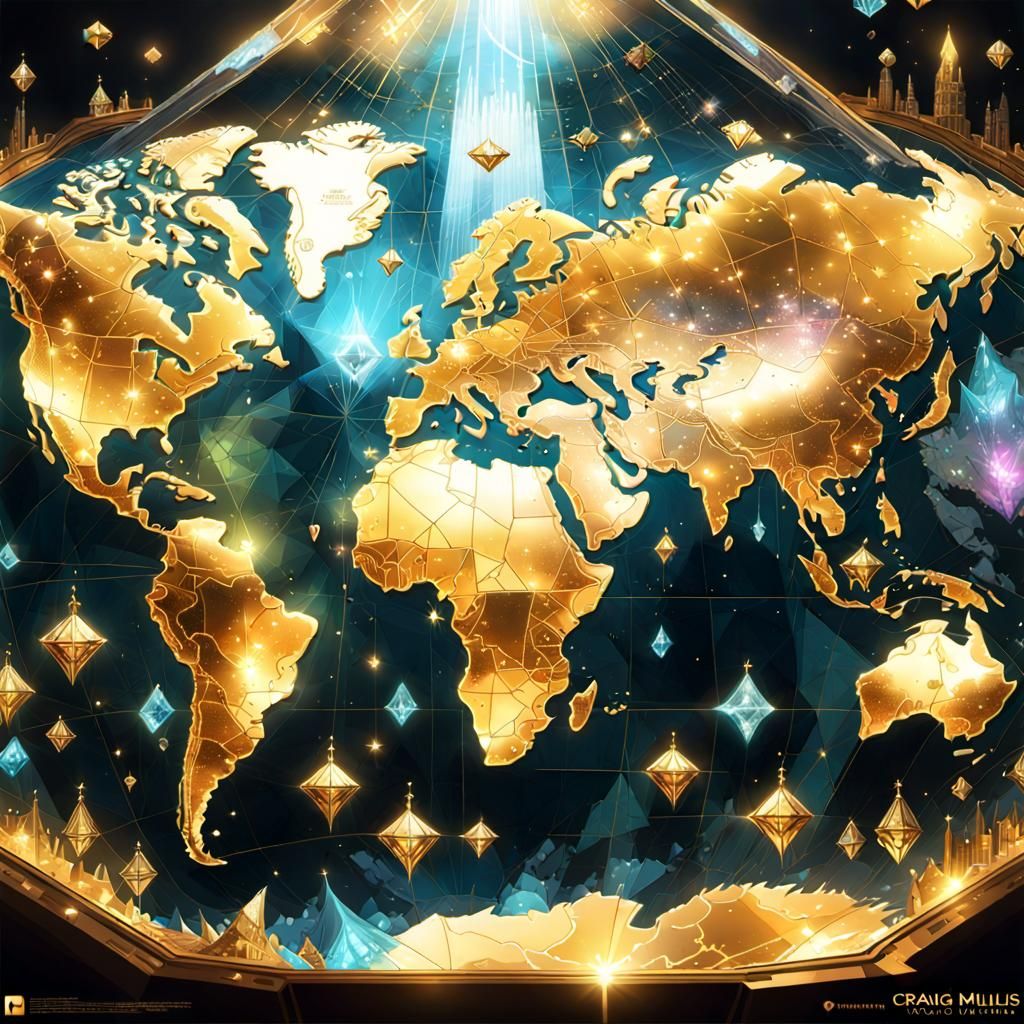 Crystal World Map with Gold Decorations