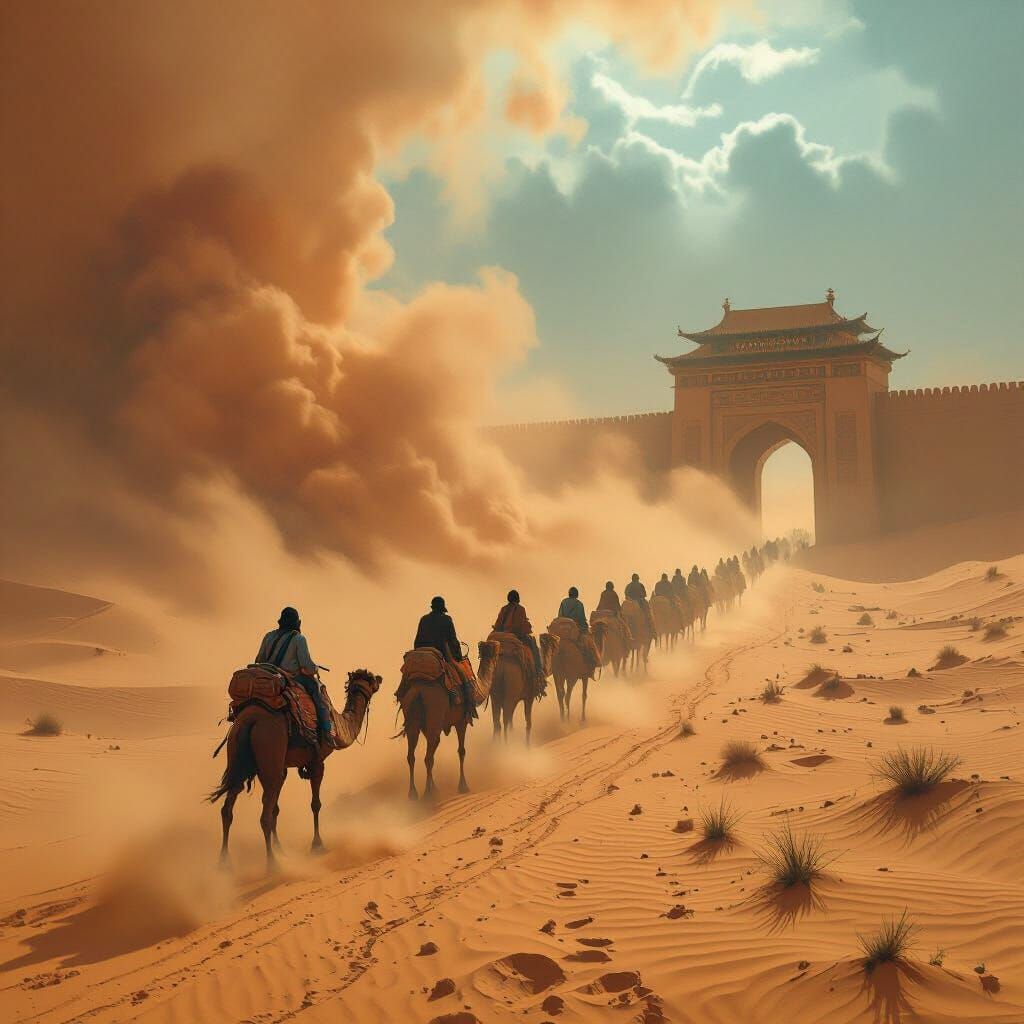 Camel Caravan in Dark Sandstorm on Silk Road