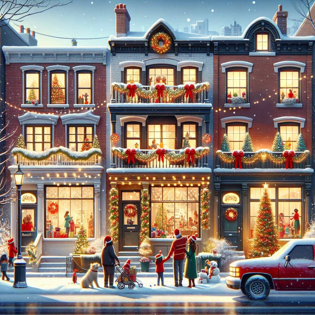 Festive City Street Scene with Holiday Decorations