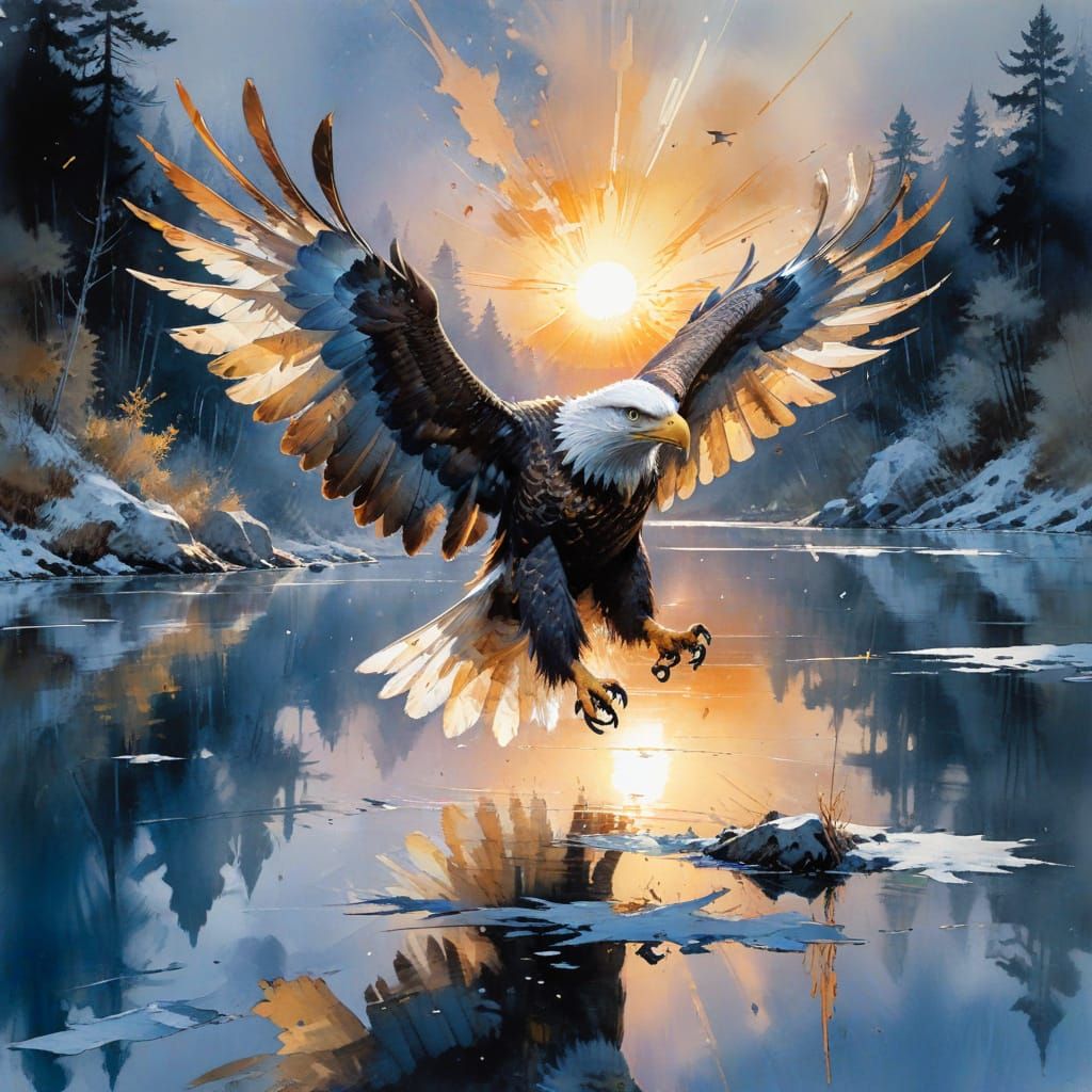 Regal Eagle Soars Above a Glitch-Like Lake in Vibrant Sunris...