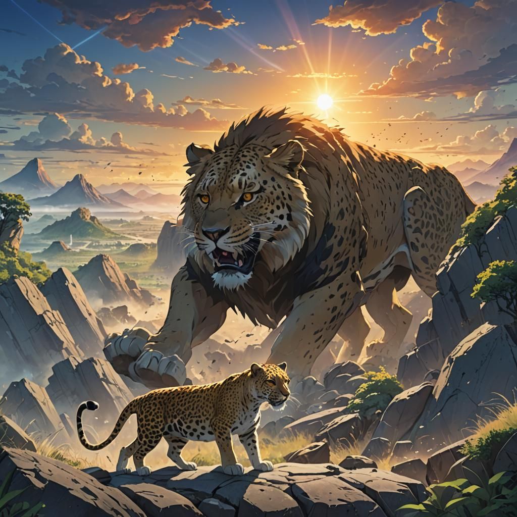 Anime Battle: Lion, Leopard, Cheetah, and Tiger