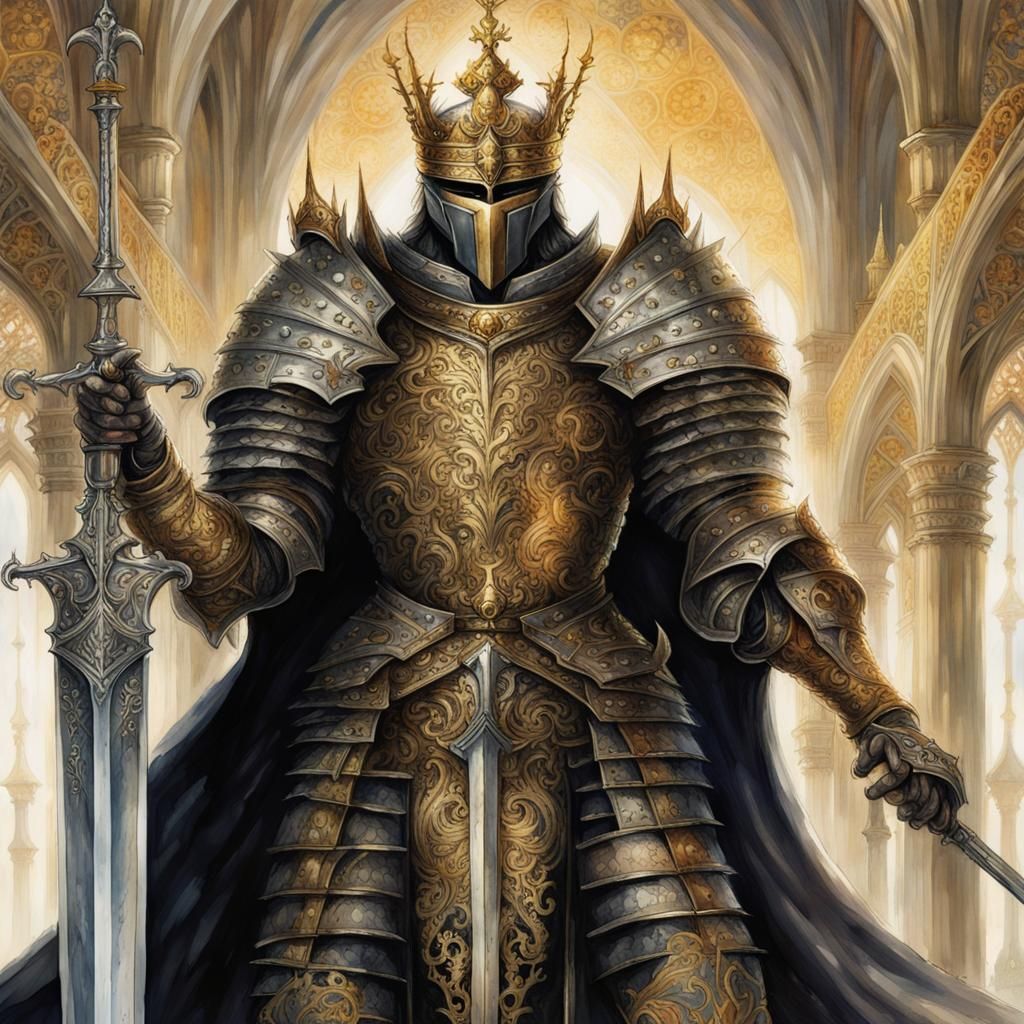 Gothic Knight with Enchanted Sword in Watercolor Style