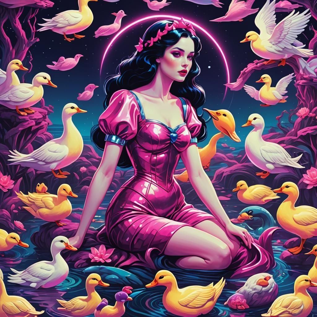 Synthwave Space Mermaid Snow White with Ducks